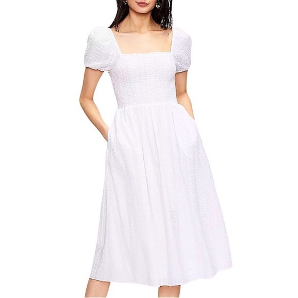 LOFT‎ Cotton Striped Smocked Puff Sleeve Pockets White Lined Midi Dress XXL (P)